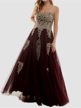 Say Yes to the Prom Burgundy & Gold Embroidered Ball Gown